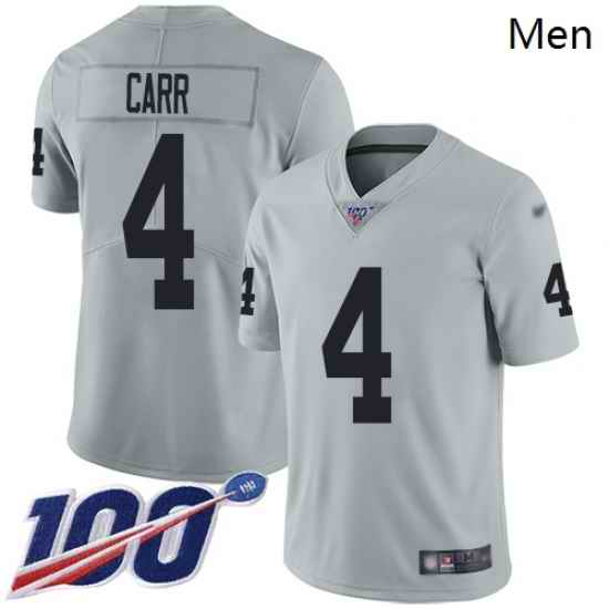 Raiders 4 Derek Carr Silver Men Stitched Football Limited Inverted Legend 100th Season Jersey
